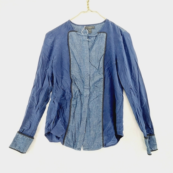 J. Crew Blue Two Fabric Button Up Long Sleeve Sheer Shirt Blouse P2301 - Picture 1 of 7